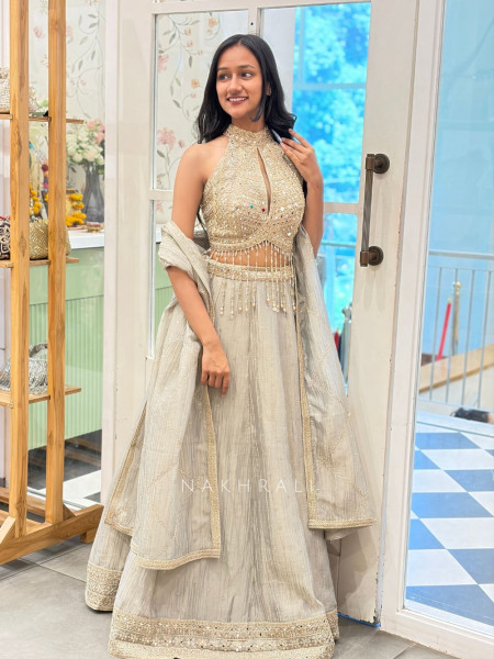 Virahi Grey Indo Western Lehenga Set with Mirror Work & Beaded Embroidery