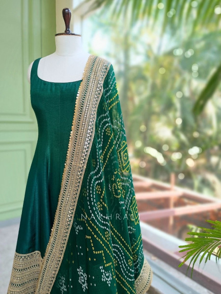 Emerald Green Anarkali Palazzo Set with Bandhej Dupatta and Border Work