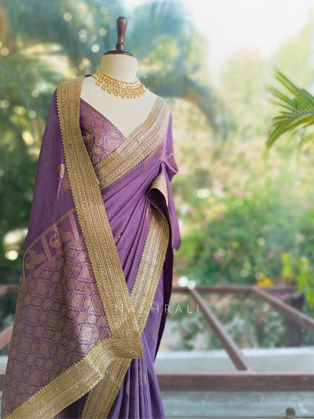Tavira Lavender Saree with Broad Border and Unstitched Blouse Piece