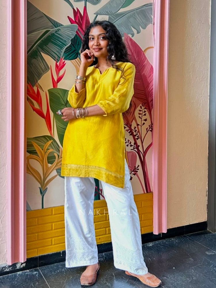 Image of Rainbow Yellow Short Kurti Minimal Border Detail