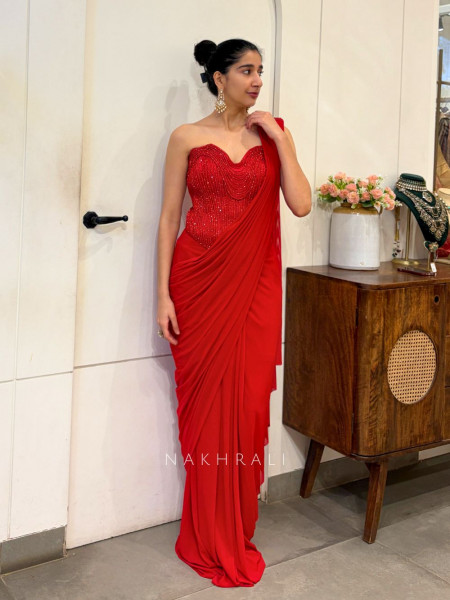 Aarvika Red Drape Saree with Beaded Corset Blouse