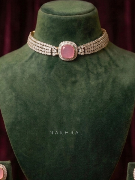 Lumielle Pink Necklace Set With Cushion Stone Choker Detailing