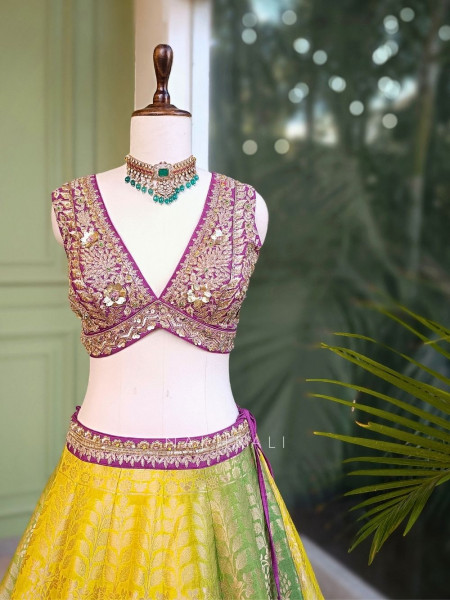 Ravira Multicolor Brocade Lehenga with Zari Sequin Work