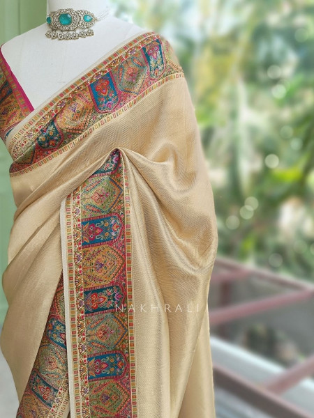Kalptaru Cream Munga Tussar Georgette Silk Blend Saree with Kashmiri Jamawar Border