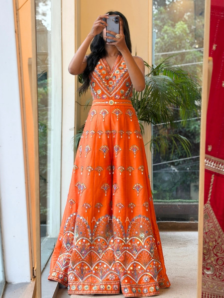 Sunlit Empress  Orange Silk Blend Indo-Western Jumpsuit