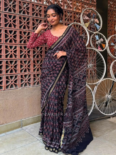 Zeenat Black Kota Doriya Saree with Ajrakh-Inspired Floral Print
