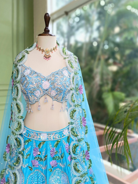 Firoza Mehrunissa Scalloped Blue Kalidar Lehenga Set