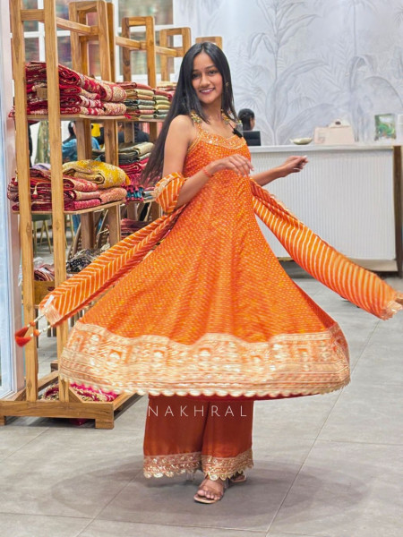 Amber Gleam Orange Anarkali Palazzo Set with Zari and Sequin Work