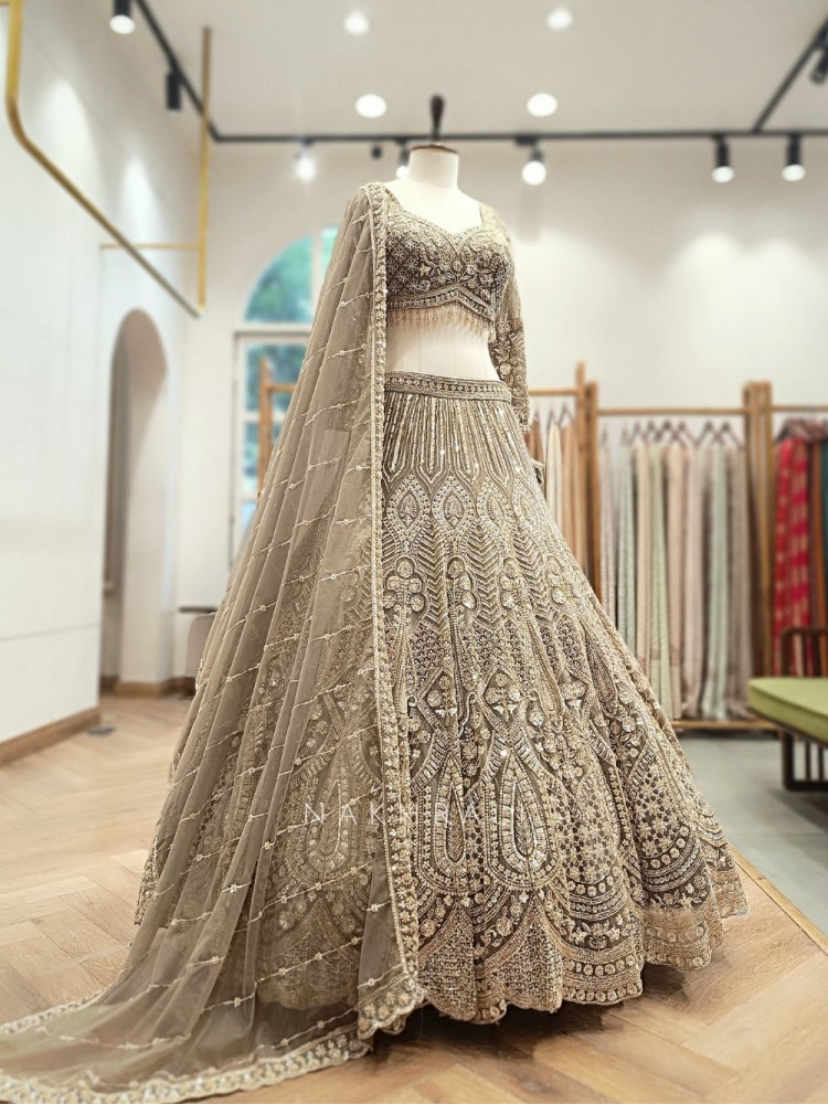 Image of Palmeera Grey Net Lehenga with Sequin and Cut Dana Work