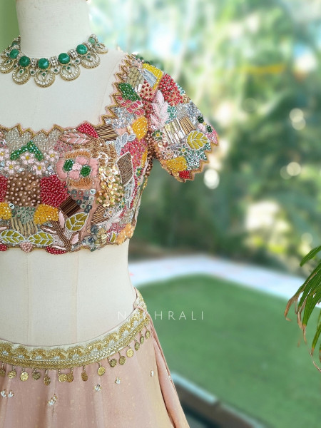 Pushpaveda Blush Pink Shimmer Lehenga With 3D Beadwork, Floral Print & Sequin Detail