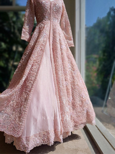 Aurelia Pink Net Silk Achkan Lehenga with Sequin Cut Dana Work