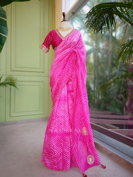 Rangili Pink Leheriya Saree with Gota Work Blouse