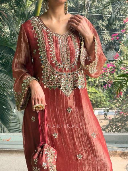 Poise Gajari Tissue Long Dress with Mirror and Zari Work