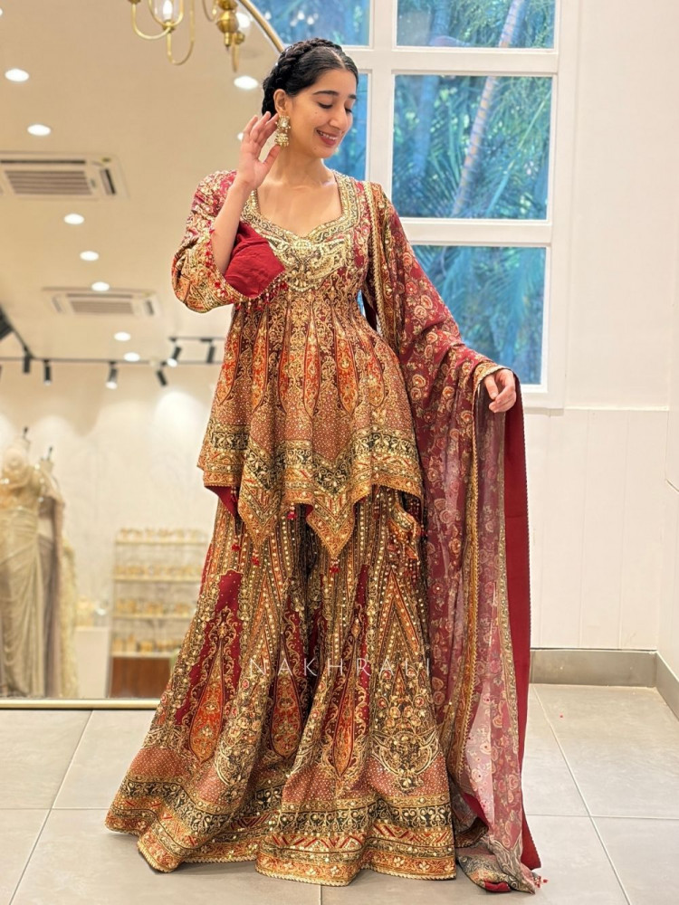 Image of Rangili Maroon Palazzo Short Kurti Suit Set with Sequin Work
