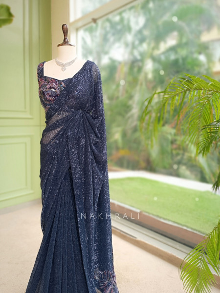 Samyra Blue Micro-Sequined Georgette Draped Saree with Readymade Blouse