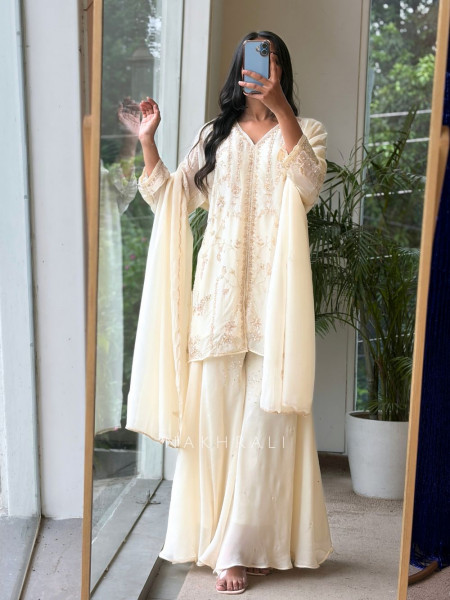 Sorrel Cream Organza Georgette Layered Sharara Suit Set