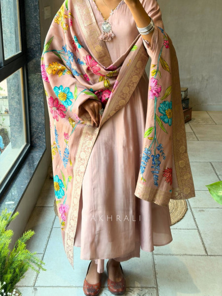Zyrika Peach Anarkali Suit Set with Floral Dupatta