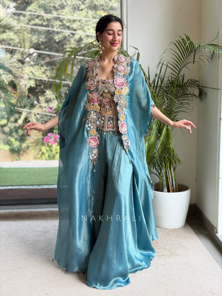 Arabesque Teal Blue Indo-Western Crop Top Palazzo Set with Cape Jacket