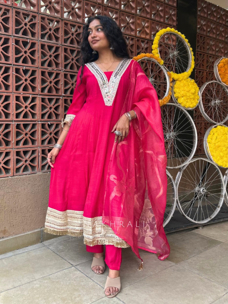 GlitzGalore Magenta Silk Anarkali Suit Set