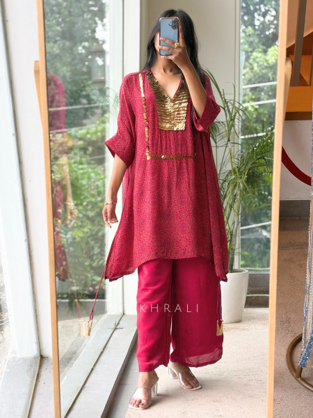 Berry Magenta Rayon Crepe Kurta Palazzo Set