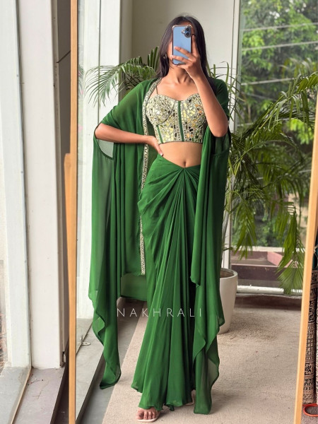 Glimmering  Green Georgette Crop Top Dhoti Skirt Set with Cape