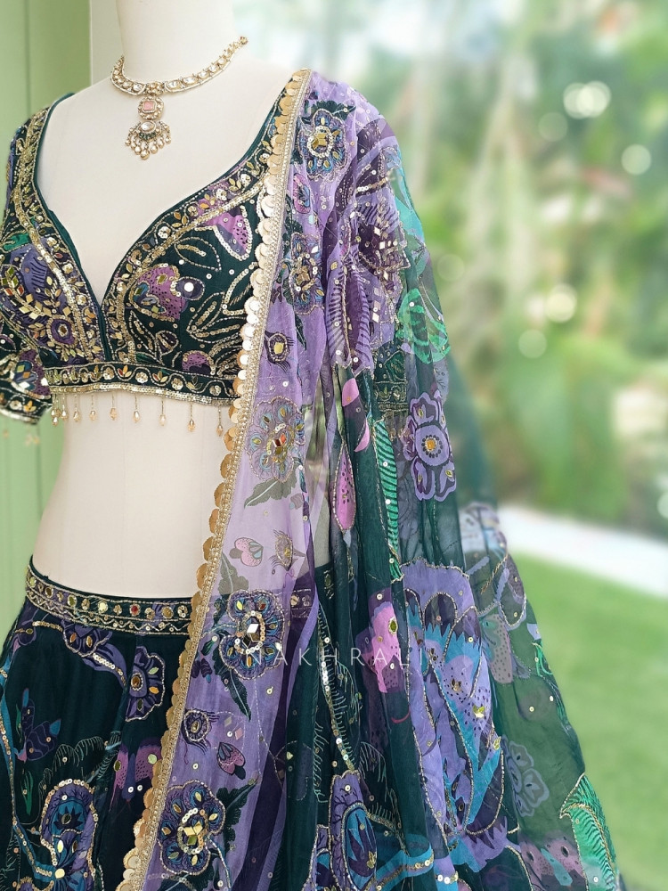 Image of Sweetheart Bottle Green Organza Silk Lehenga Set