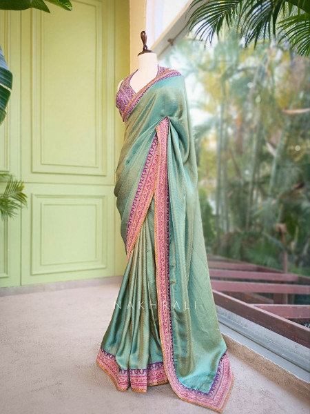 Nazara Sea Green Satin Saree with Embroidered Sequin Blouse