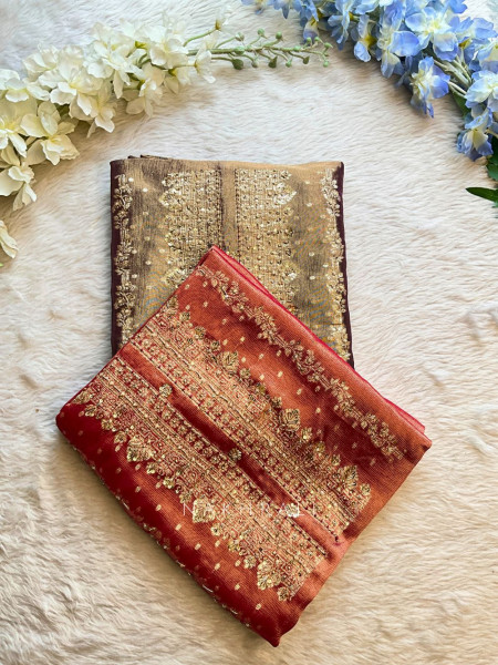Taru Red Crushed Tissue Dress Material Set with Zari Embroidery