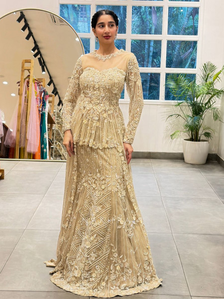 Solenne Beige Soft Net Indo-Western Skirt Set
