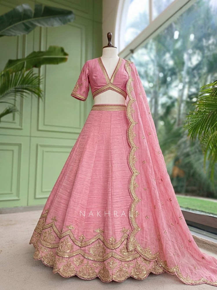 Image of Mehrab-Noor Pink Tussar Lehenga