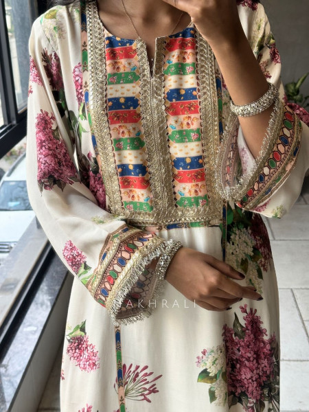 Kairaa Cream Straight Dress with Mirror and Embroidery Work