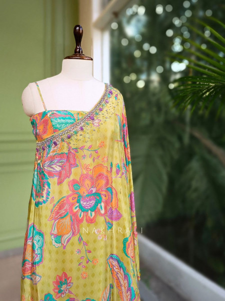 Mira Lime Floral One-Shoulder Kaftan Palazzo Set