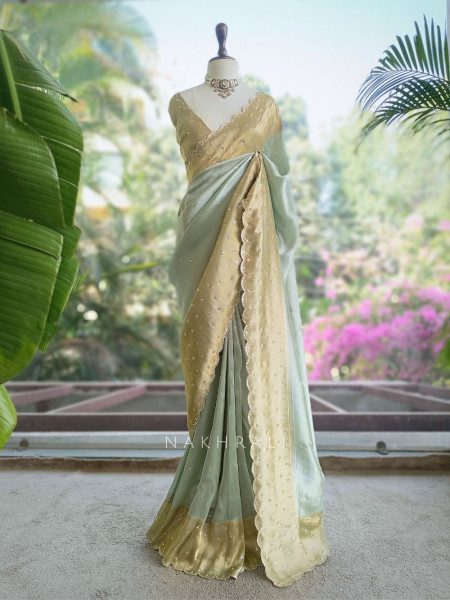 Kamali Pista Green Saree with Mirror Work