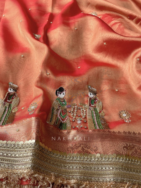 Kalpika  Peach  Organza Silk Saree With Jaimala Zardosi Motif Work