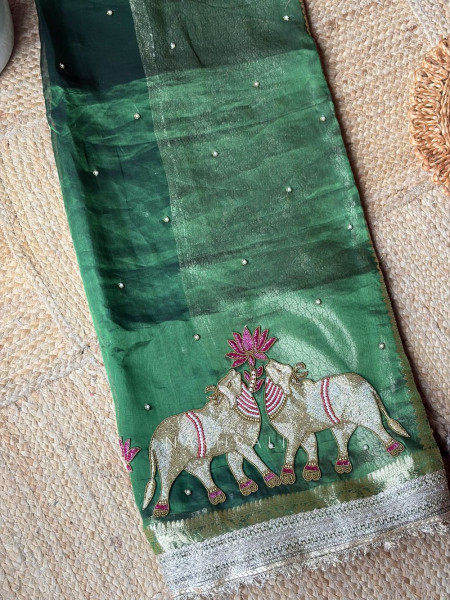 Vraj Ras Green Banarasi Tissue Silk Saree – Hand Embroidery & Zari Border