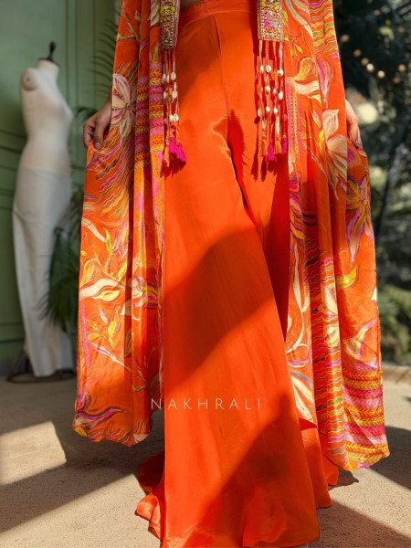 Vireya Orange Floral Cape Palazzo Set