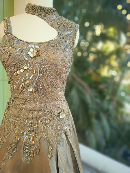 Velisse Olive Green Indowestern Gown with Sequin Bead and Cut Dana Work