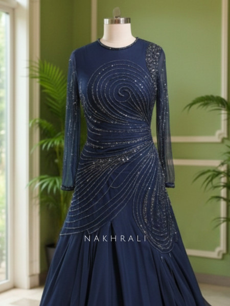 Blue Party Gown with Sequins Work