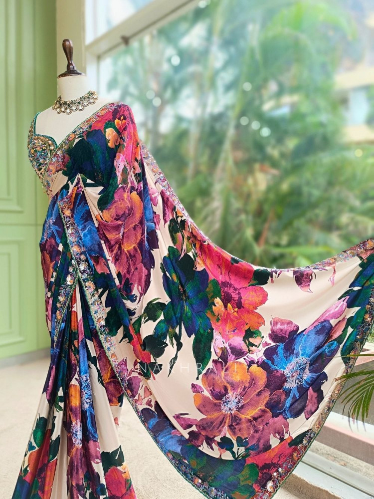 Image of Picasso Multicolor Floral Saree with Sequin Work