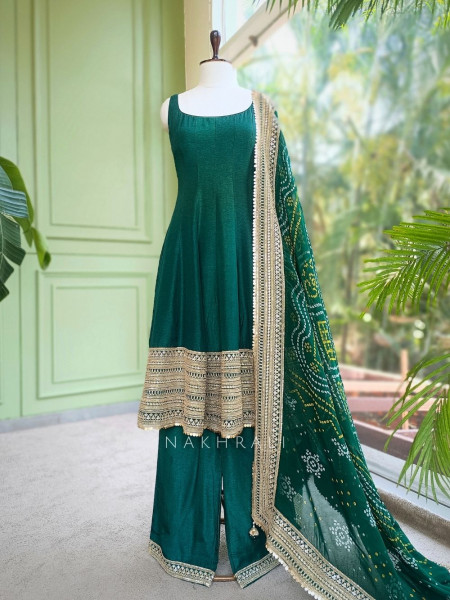 Emerald Green Anarkali Palazzo Set with Bandhej Dupatta and Border Work