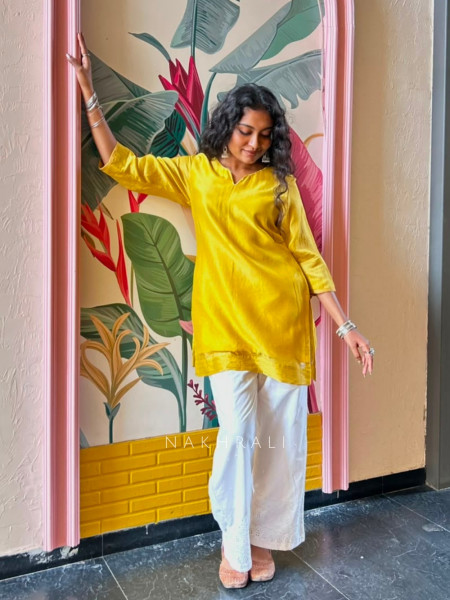 Rainbow Yellow Short Kurti Minimal Border Detail