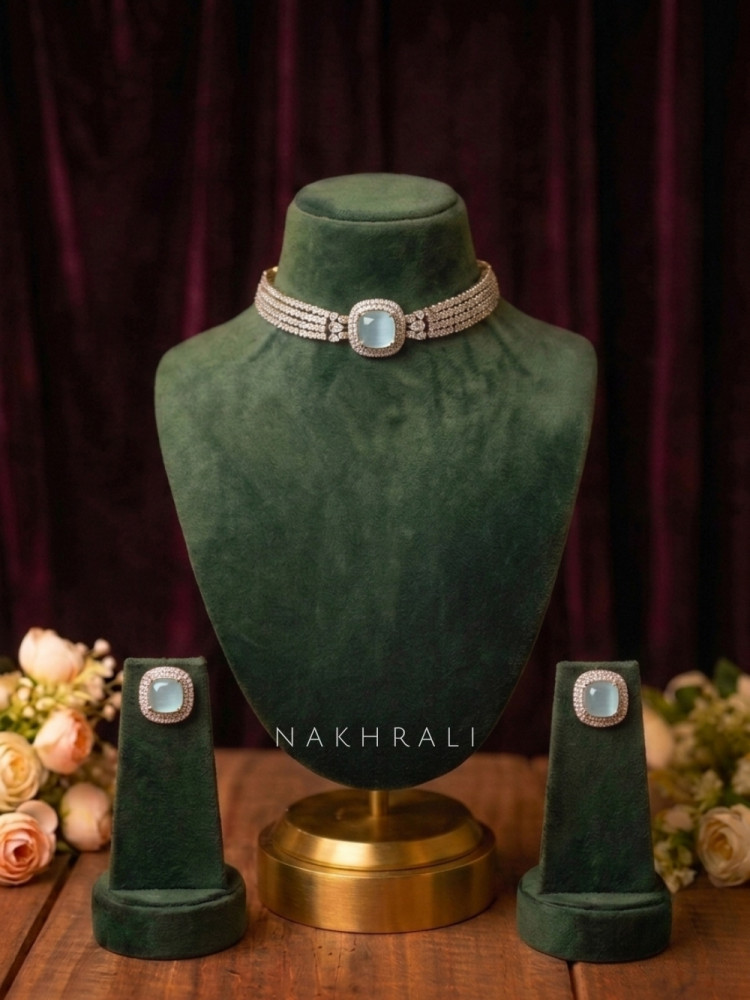 Image of Lumielle Blue Necklace Set With Cushion Stone Choker Detailing