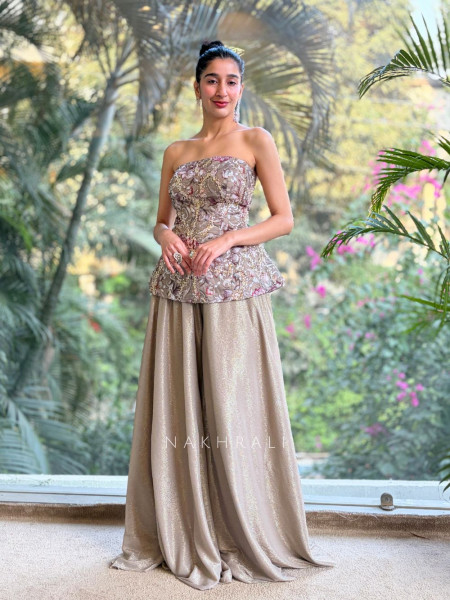 Lunara Brown Embellished Top Palazzo Set