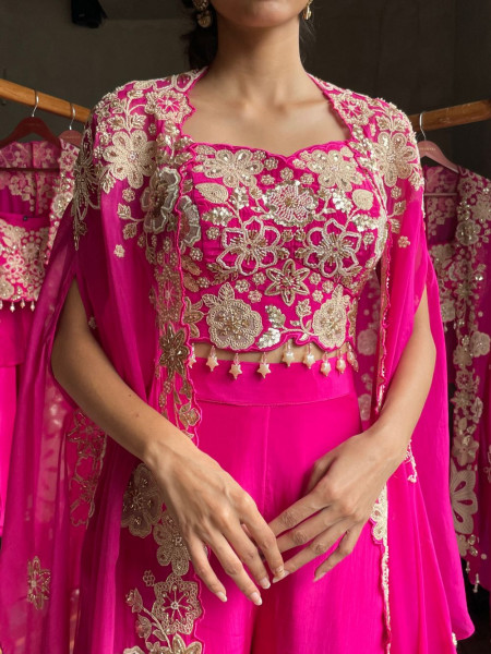 Fuchsia Iris Magenta Viscose Crepe Indo-Western Palazzo Set With Floral Zardozi Cape Detail