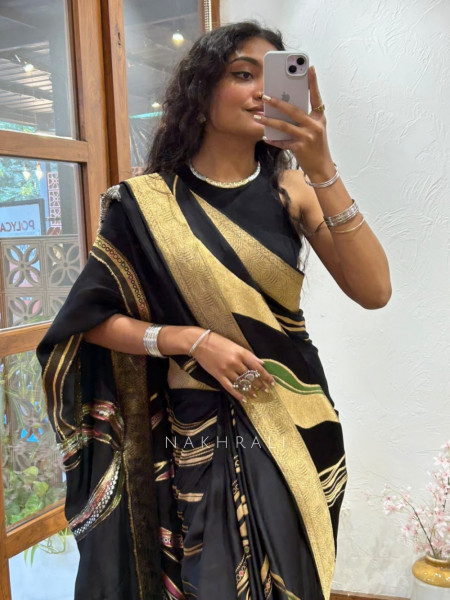 Noir Botanica Black Silk Saree With Abstract Floral Print & Antique Gold Zari Border