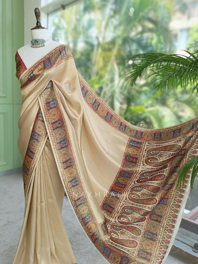 Image of Kalptaru Cream Munga Tussar Georgette Silk Blend Saree with Kashmiri Jamawar Border