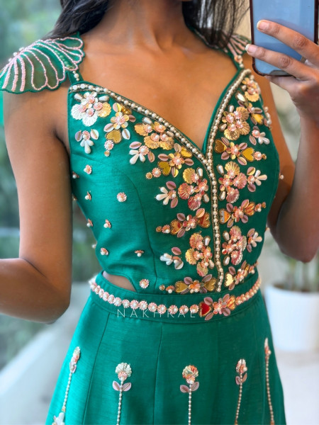 Viana Tassel Rama Green Raw Silk Blend Indo-Western Jumpsuit