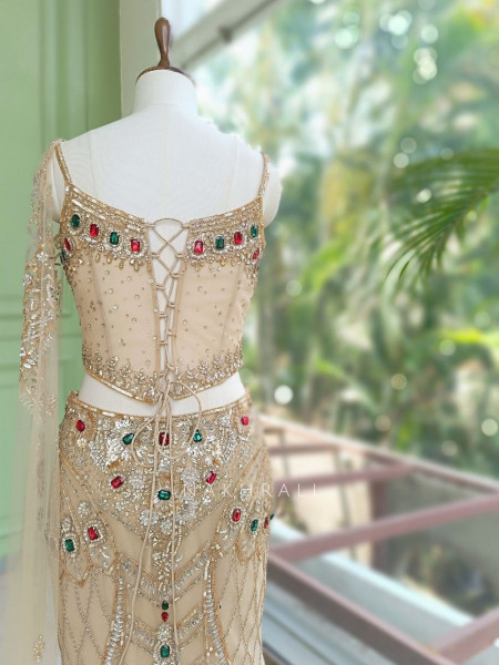 Sunehera Golden Net Mermaid Lehenga Set with Zardozi and Navratan Stone Work
