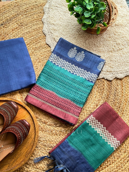 Navira Blue Dress Material with Woven and Printed Accents