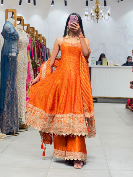Amber Gleam Orange Anarkali Palazzo Set with Zari and Sequin Work